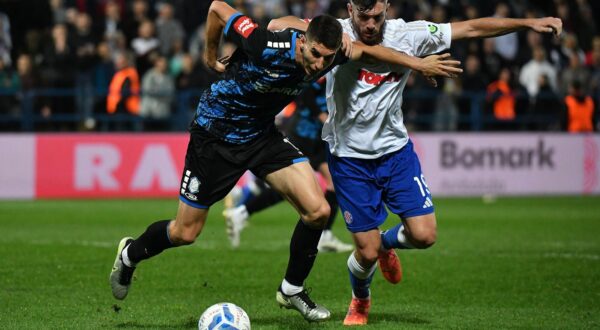 18.04.2025., Varazdin - SuperSport Prva HNL, 30. kolo, NK Varazdin -. HNK Hajduk. Mario Mladenovski, Josip Elez Photo: Vjeran Zganec Rogulja/PIXSELL