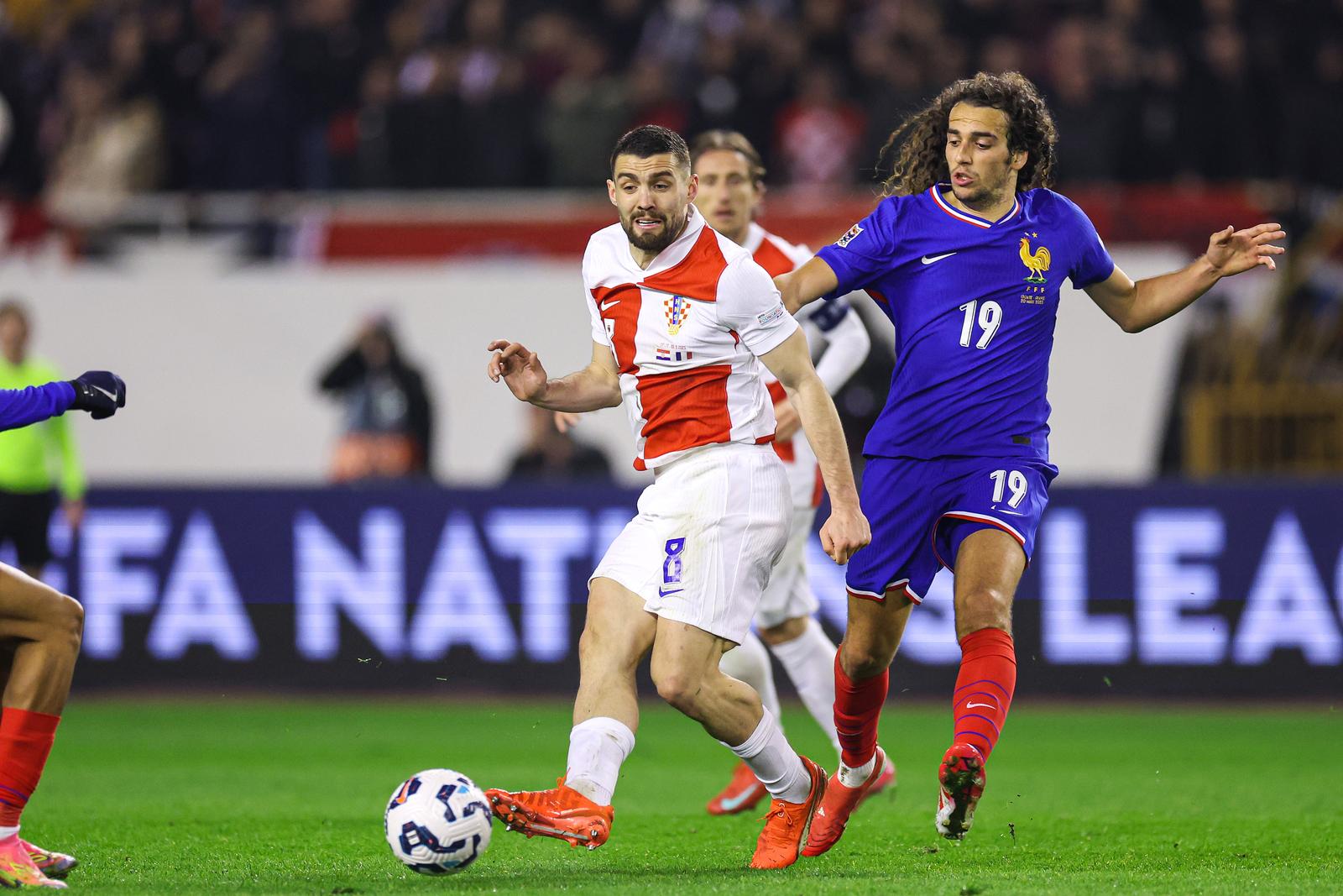 20.03.2025., stadion Poljud - UEFA Liga nacija, cetvrtfinale, prva utakmica, Hrvatska - Francuska. Mateo Kovacic, Luka Modric i Matteo Guendouzi Photo: Igor Kralj/PIXSELL