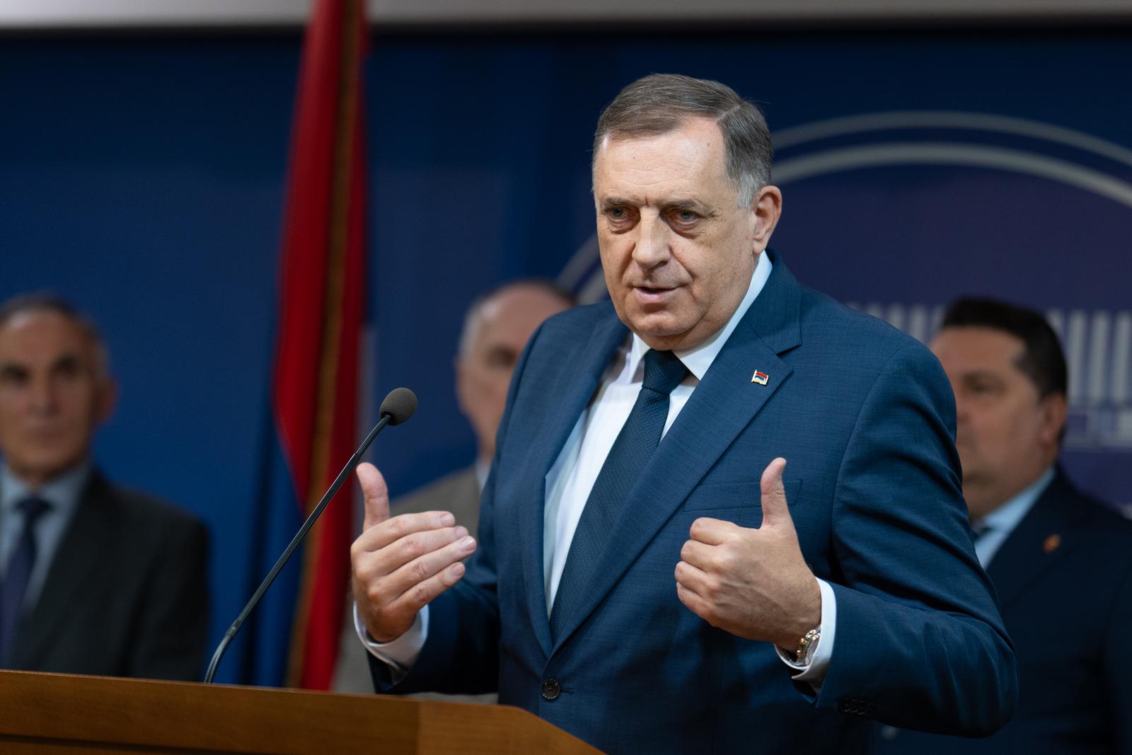 25.04.2025., Narodna skupstina RS, Banja Luka (BiH) - Predsjednik RS Milorad Dodik odrzao konferenciju za medije nakon 21. konferencije srpskih nacionalnih organizacija iz regiona. 
 Photo: Dejan Rakita/PIXSELL