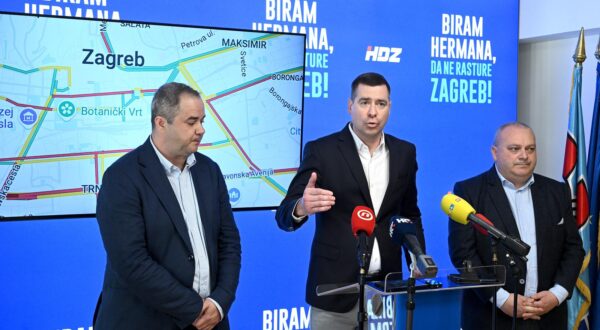 27.04.2025., Zagreb - Kandidat za gradonacelnika Grada Zagreba Mislav Herman s kandidatima za zamjenike gradonacelnika Mariom Zupanom i Markom Perisom odrzao konferenciju za medije s temom normalizacija prometa u rasturenom gradu. Photo: Marko Lukunic/PIXSELL