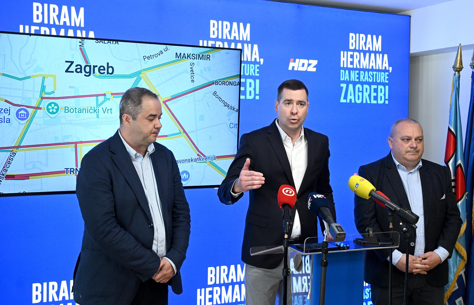 27.04.2025., Zagreb - Kandidat za gradonacelnika Grada Zagreba Mislav Herman s kandidatima za zamjenike gradonacelnika Mariom Zupanom i Markom Perisom odrzao konferenciju za medije s temom normalizacija prometa u rasturenom gradu. Photo: Marko Lukunic/PIXSELL