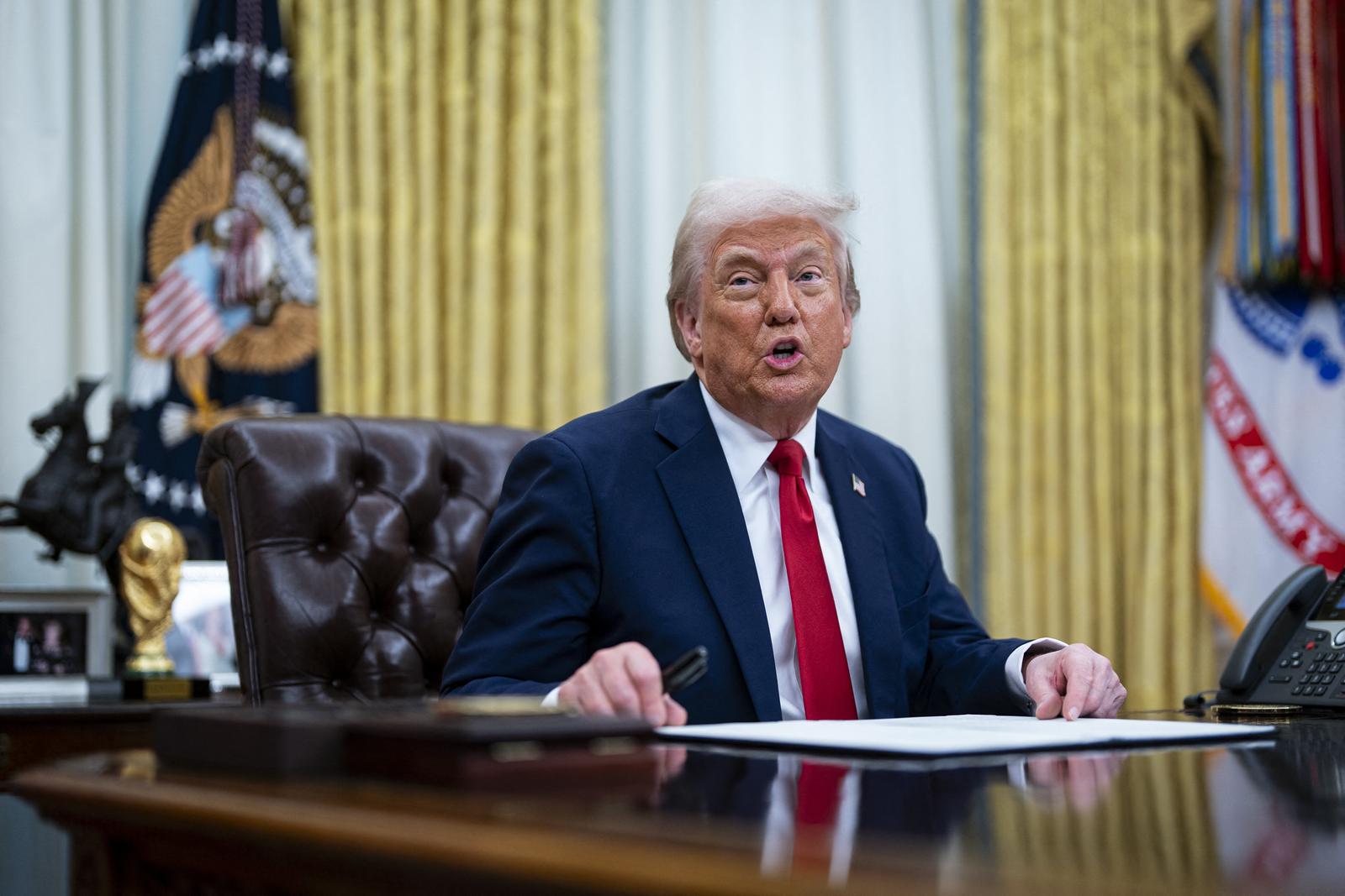 US President Donald Trump speaks during an executive order signing in the Oval Office of the White House in Washington, DC, US, on Monday, March 31, 2025. The order directs the Federal Trade Commission to work with the Department of Justice to ensure that competition laws are enforced in the concert and entertainment industry, and pushes state consumer protection authorities on enforcement. Photo by Al Drago/Pool/ABACAPRESS.COM Photo: Pool/ABACA/ABACA