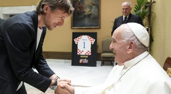 Pope Francis greets Croatian player Luka Modric at the end of a meeting with the players of the Croatian National Football Team during a private audience at the Vatican on June 5, 2024. The Pope praised the Croatian team for their achievements, such as their third-place finish at the last World Cup in Qatar. The Croatians also received his blessing ahead of Euro 2024, which will soon be hosted by Germany. Photo: (EV) Vatican Media/ABACAPRESS.COM Photo: ABACA/ABACA