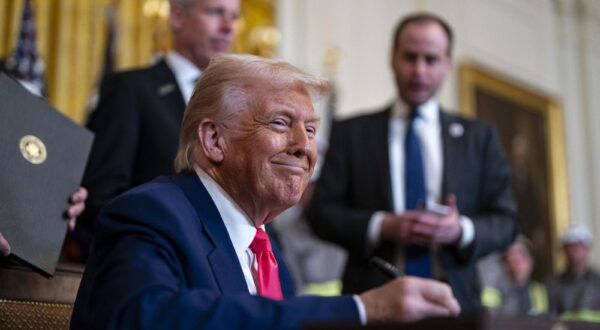 US President Donald Trump during an executive order signing ceremony in the East Room of the White House in Washington, DC, US, on Tuesday, April 8, 2025. Trump is moving to expand the mining and use of coal inside the US, a bid to power the boom in energy-hungry data centers while seeking to revive a declining US fossil fuel industry. Photo by Al Drago/Pool/ABACAPRESS.COM Photo: Pool/ABACA/ABACA