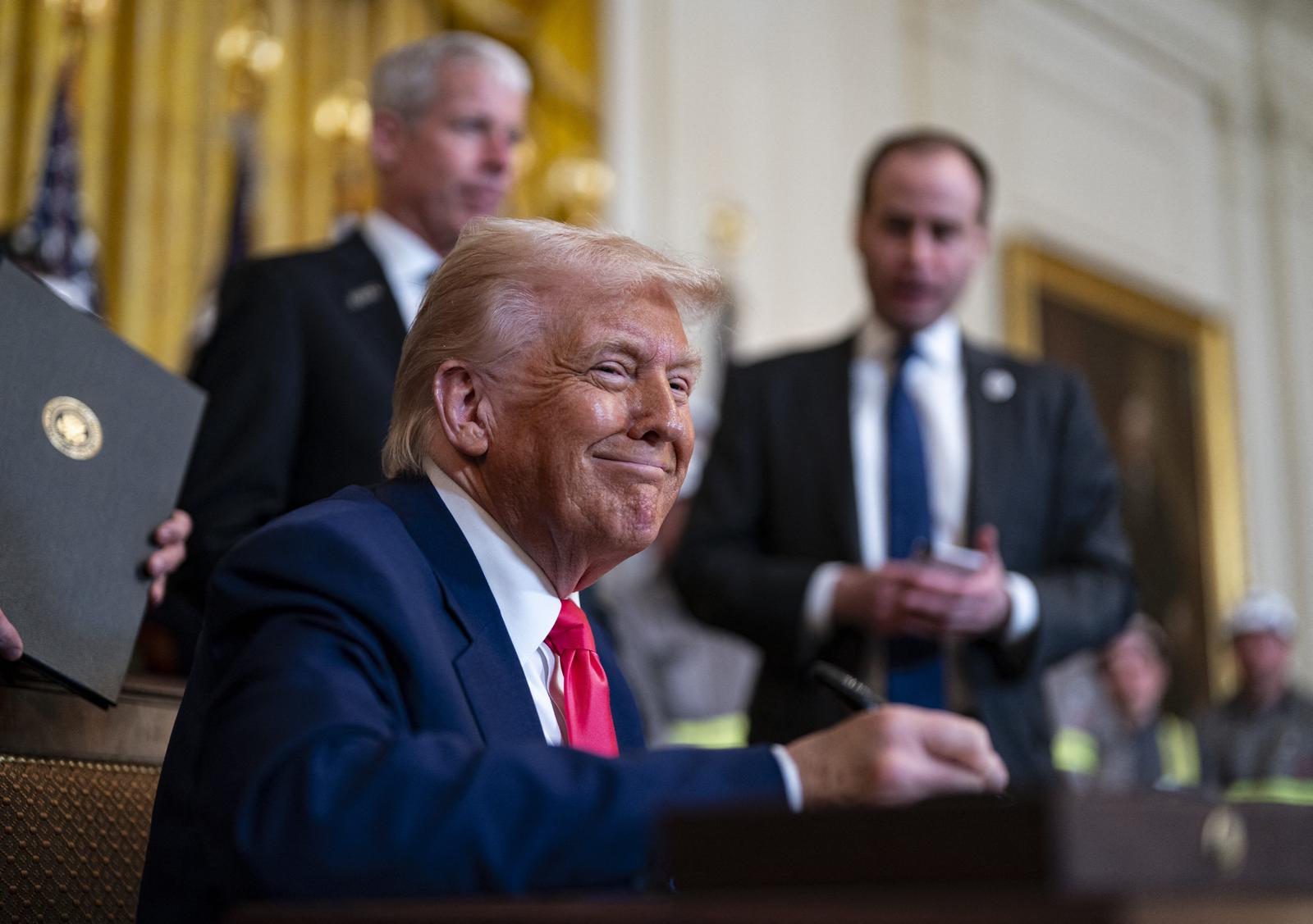 US President Donald Trump during an executive order signing ceremony in the East Room of the White House in Washington, DC, US, on Tuesday, April 8, 2025. Trump is moving to expand the mining and use of coal inside the US, a bid to power the boom in energy-hungry data centers while seeking to revive a declining US fossil fuel industry. Photo by Al Drago/Pool/ABACAPRESS.COM Photo: Pool/ABACA/ABACA