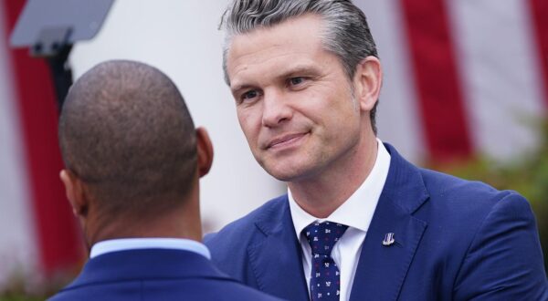 Secretary of Defense Pete Hegseth attends a "Make America Wealthy Again" event in the Rose Garden of the White House in Washington, DC on Wednesday, April 2, 2025. Photo by Bonnie Cash/UPI Photo via Newscom Photo: BONNIE CASH/NEWSCOM