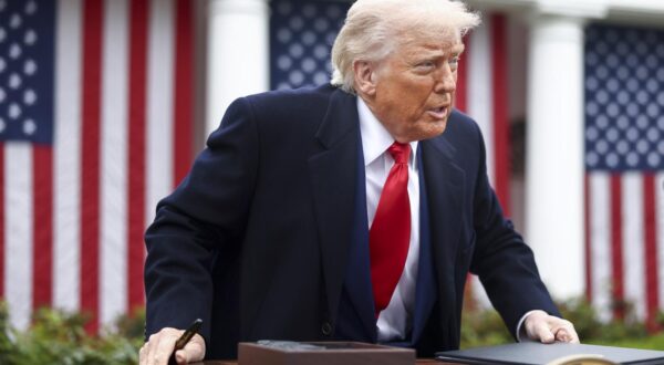 US President Donald Trump after signing an executive order implementing new reciprocal tariffs against US trading partners in the Rose Garden of the White House in Washington, DC, USA, 02 April 2025. Trump has branded the day ‘Liberation Day’, though most economists expect US consumers to foot the costs.
Credit: Jim LoScalzo/ Pool via CNP/AdMedia Photo: CNP/AdMedia/NEWSCOM