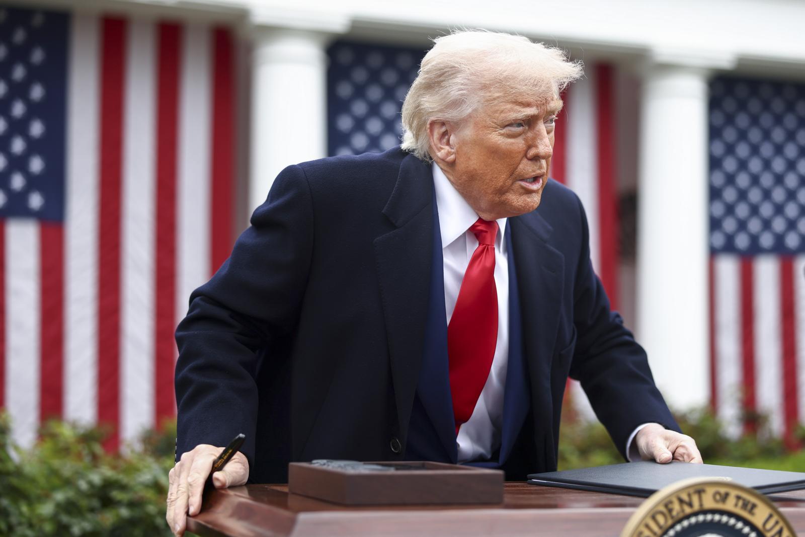 US President Donald Trump after signing an executive order implementing new reciprocal tariffs against US trading partners in the Rose Garden of the White House in Washington, DC, USA, 02 April 2025. Trump has branded the day ‘Liberation Day’, though most economists expect US consumers to foot the costs.
Credit: Jim LoScalzo/ Pool via CNP/AdMedia Photo: CNP/AdMedia/NEWSCOM