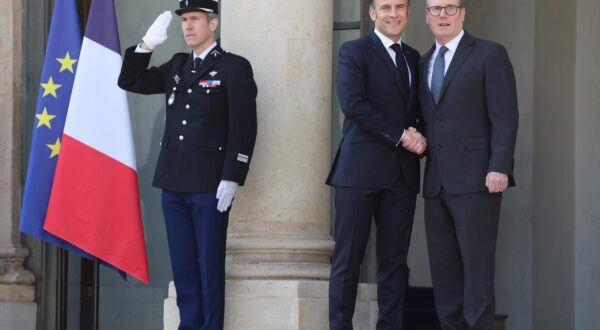 French President Emmanuel Macron greets Britain's Prime Minister Keir Starmer at the Elysee Palace in Paris, France, on Thursday, March 27, 2025. Macron hosted European leaders including President Volodymyr Zelensky for a summit aimed at boosting Ukrainian security ahead of any potential ceasefire with Russia to end the over three-year war. Photo by Maya Vidon-White/UPI Photo via Newscom Photo: MAYA VIDON-WHITE/NEWSCOM