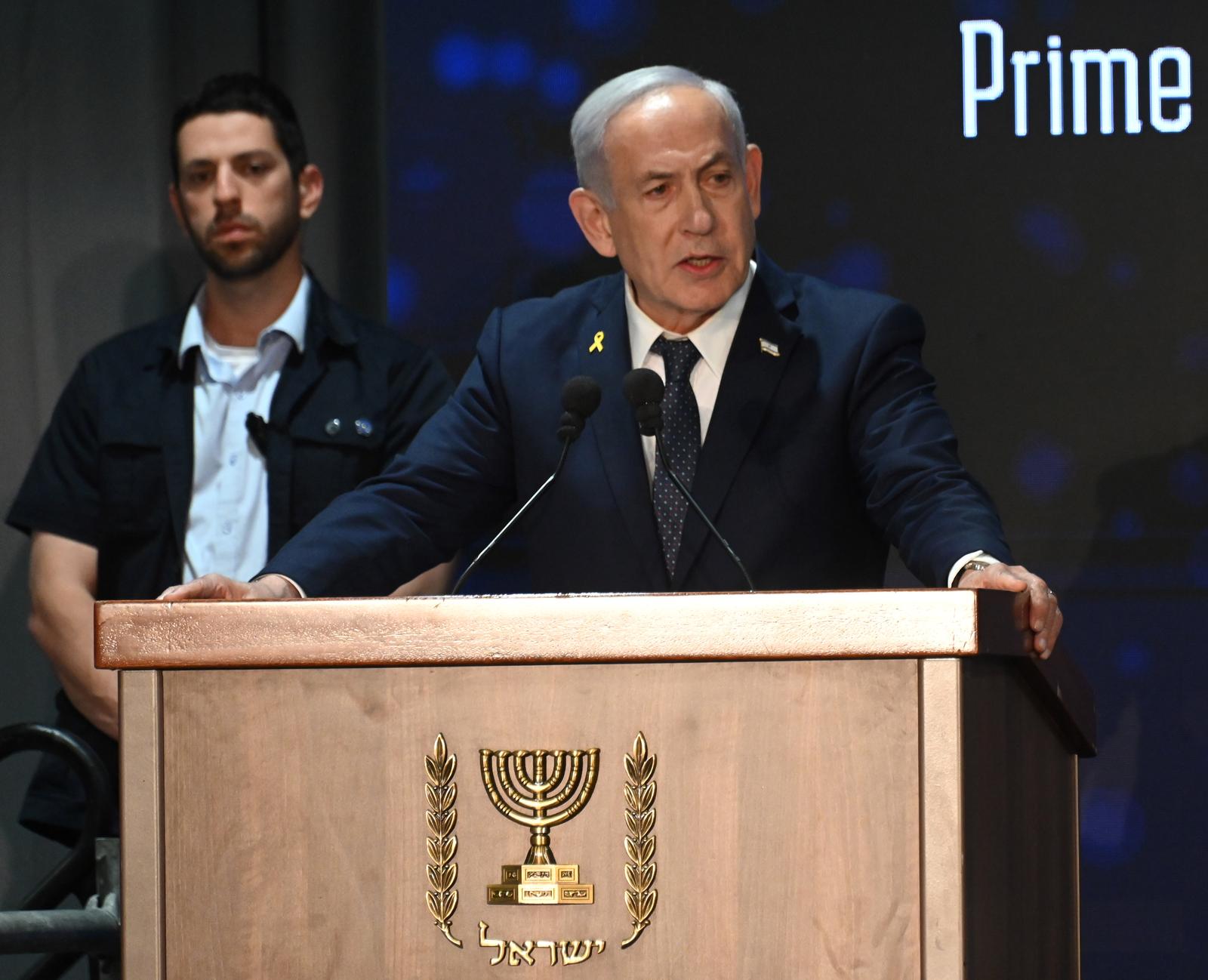 Israeli Prime Minister Benjamin Netanyahu gives a keynote address at an International Conference on Combating Antisemitism in Jerusalem, on Thursday, March 27, 2025. Photo by Debbie Hill/ UPI Photo via Newscom Photo: DEBBIE HILL/NEWSCOM