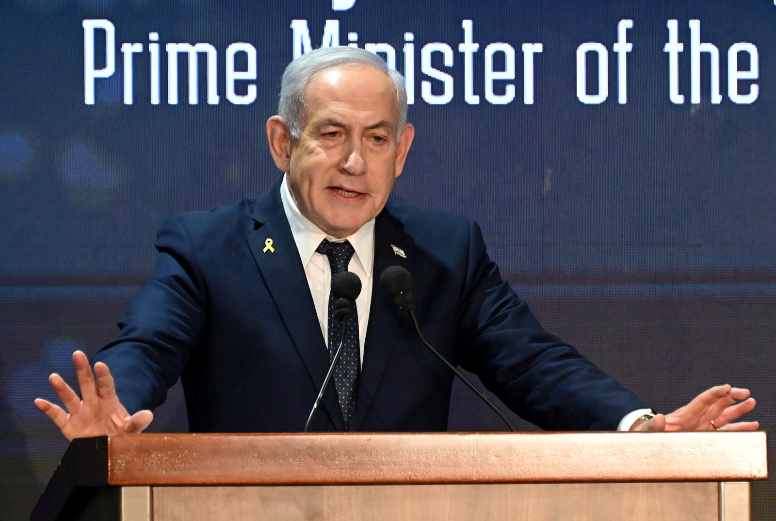 Israeli Prime Minister Benjamin Netanyahu gives a keynote address at an International Conference on Combating Antisemitism in Jerusalem, on Thursday, March 27, 2025. Photo by Debbie Hill/ UPI Photo via Newscom Photo: DEBBIE HILL/NEWSCOM