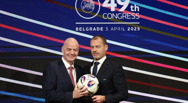 Soccer Football - 49th UEFA Ordinary Congress - Sava Congress Centar, Belgrade, Serbia - April 3, 2025 FIFA President Gianni Infantino and UEFA President Aleksander Ceferin during the congress REUTERS/Zorana Jevtic Photo: ZORANA JEVTIC/REUTERS