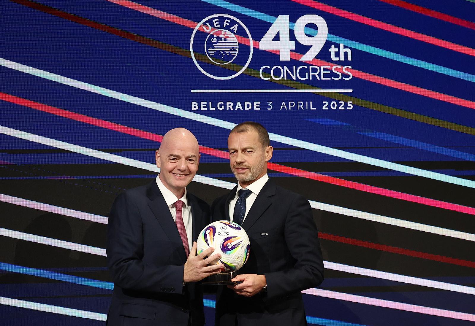 Soccer Football - 49th UEFA Ordinary Congress - Sava Congress Centar, Belgrade, Serbia - April 3, 2025 FIFA President Gianni Infantino and UEFA President Aleksander Ceferin during the congress REUTERS/Zorana Jevtic Photo: ZORANA JEVTIC/REUTERS