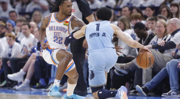 Apr 20, 2025; Oklahoma City, Oklahoma, USA; Oklahoma City Thunder guard Cason Wallace (22) defends a drive by Memphis Grizzlies guard Scotty Pippen Jr. (1) during the second quarter at Paycom Center. Mandatory Credit: Alonzo Adams-Imagn Images Photo: Alonzo Adams/REUTERS