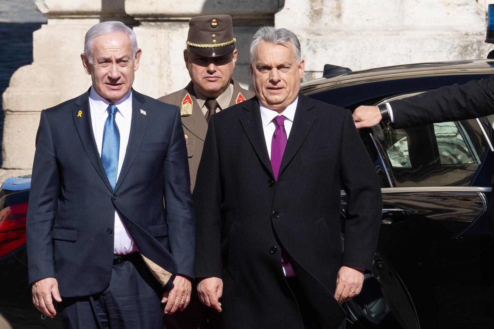 (250403) -- BUDAPEST, April 3, 2025 (Xinhua) -- Hungarian Prime Minister Viktor Orban (R) holds a welcoming ceremony for his Israeli counterpart Benjamin Netanyahu in Budapest, Hungary on April 3, 2025. (Photo by Attila Volgyi/Xinhua) Photo: Attila Volgyi/XINHUA