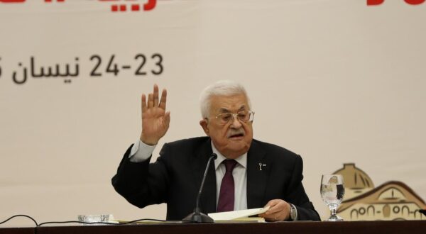 (250423) -- RAMALLAH, April 23, 2025 (Xinhua) -- Palestinian President Mahmoud Abbas speaks at a Palestine Liberation Organization (PLO) Central Council meeting in the West Bank City of Ramallah, on April 23, 2025. Abbas on Wednesday called for an international peace conference to be held under the auspices of the United Nations (UN), the United States, Russia, China, the European Union, Japan, South Africa and Brazil, aiming to achieve a just, comprehensive and lasting peace in the region. (Photo by Ayman Nobani/Xinhua) Photo: Ayman Nobani/XINHUA