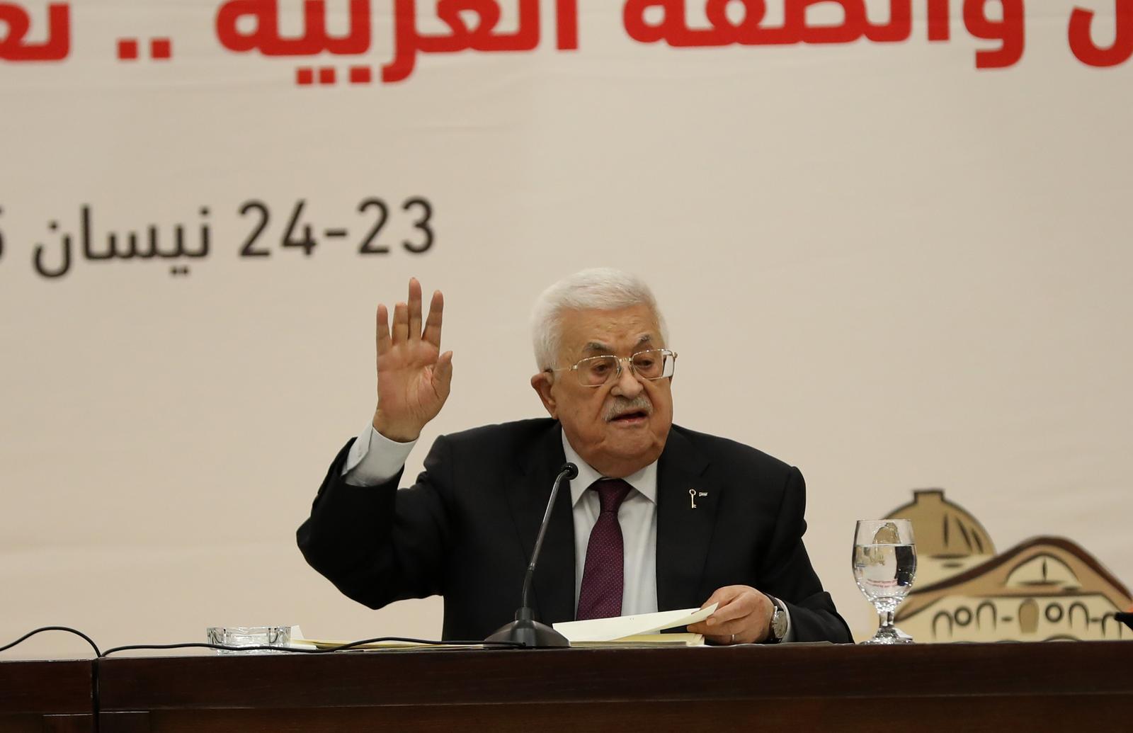 (250423) -- RAMALLAH, April 23, 2025 (Xinhua) -- Palestinian President Mahmoud Abbas speaks at a Palestine Liberation Organization (PLO) Central Council meeting in the West Bank City of Ramallah, on April 23, 2025. Abbas on Wednesday called for an international peace conference to be held under the auspices of the United Nations (UN), the United States, Russia, China, the European Union, Japan, South Africa and Brazil, aiming to achieve a just, comprehensive and lasting peace in the region. (Photo by Ayman Nobani/Xinhua) Photo: Ayman Nobani/XINHUA