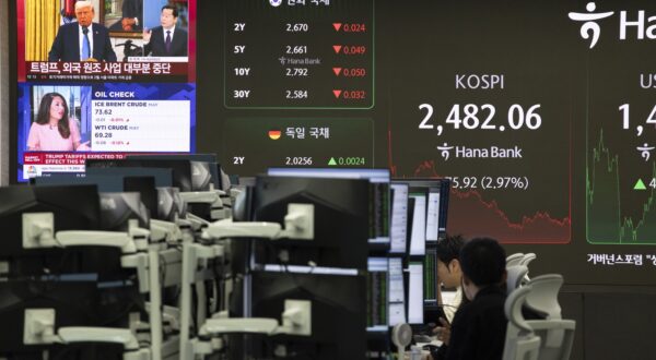 epa12000703 South Korean dealers work in front of monitors at the Hana Bank in Seoul, South Korea, 31 March 2025. The benchmark South Korea Composite Stock Price Index (KOSPI) fell 76.86 points, or 3.00 percent, to close at 2,481.12.  EPA/JEON HEON-KYUN