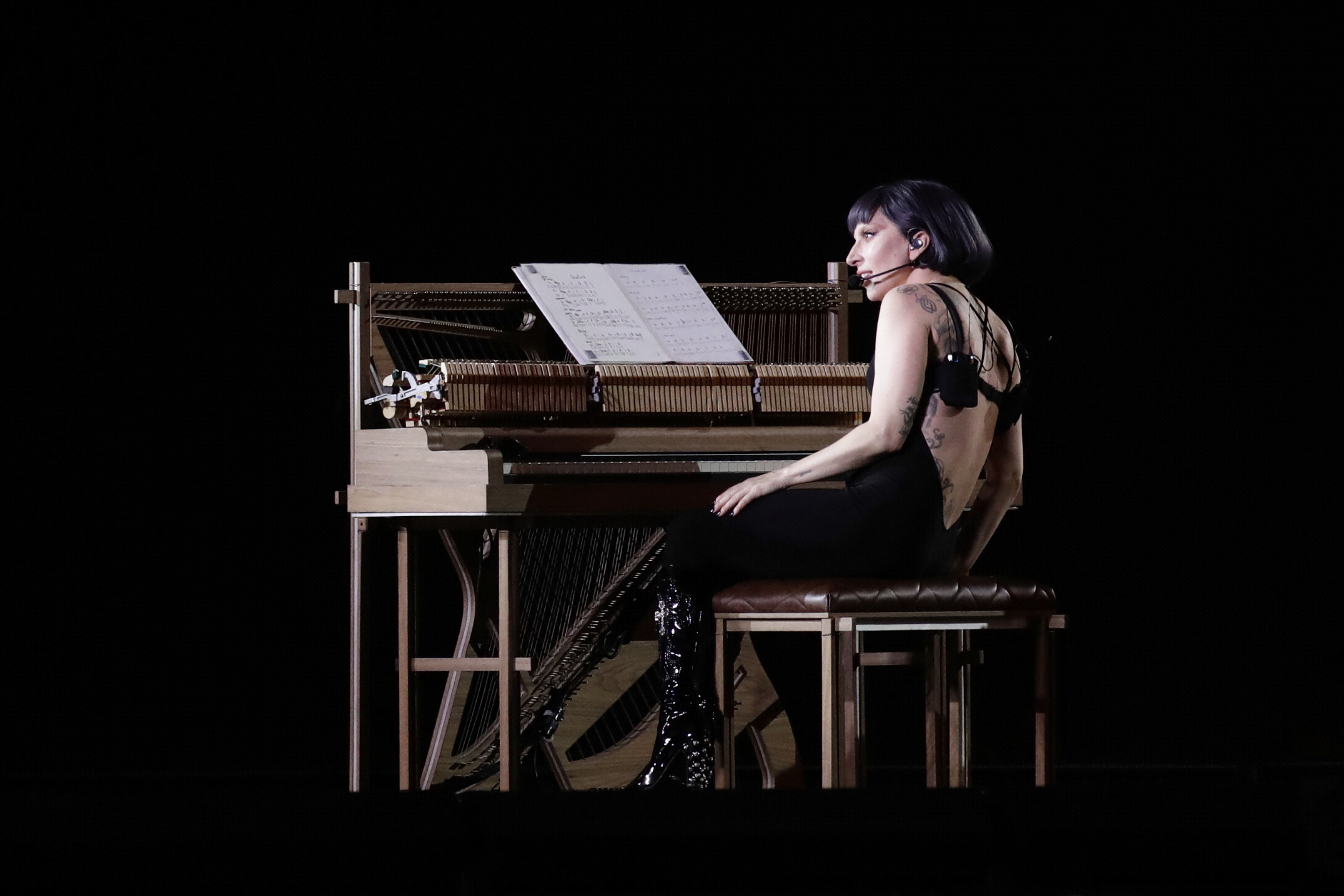 Lady Gaga takes part in a rehearsal a day ahead of her free concert, on Copacabana beach, in Rio de Janeiro, Friday, May 2, 2025.  (AP Photo/Bruna Prado)