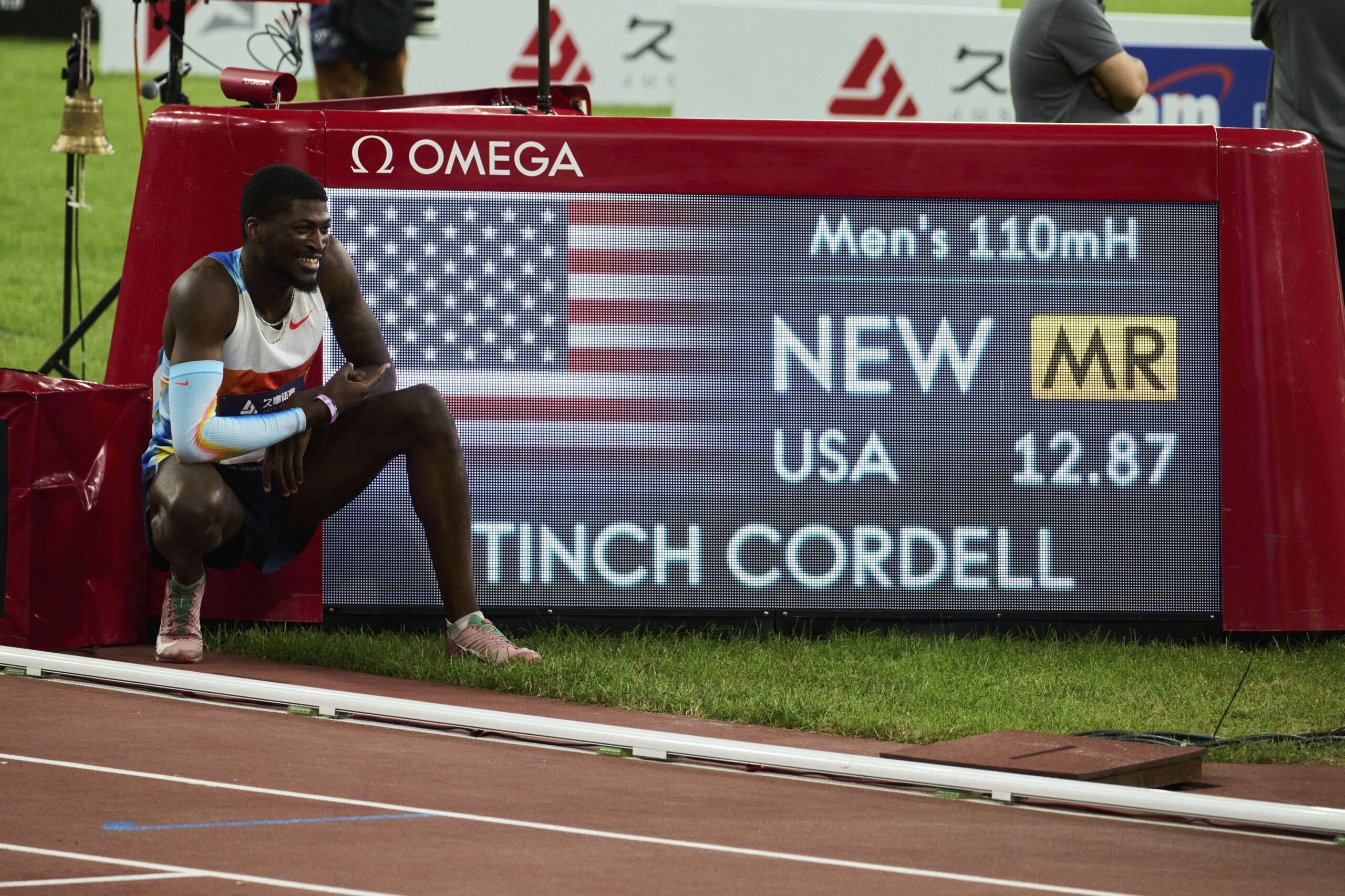 Cordell Tinch of the United States celebrates winning the Men's 110m Hurdles and setting a new meet record in the Shanghai/Keqiao meet of Wanda Diamond League in Keqiao, Shaoxing city in eastern China's Zhejiang province on Saturday, May 3, 2025. (Chinatopix Via AP)