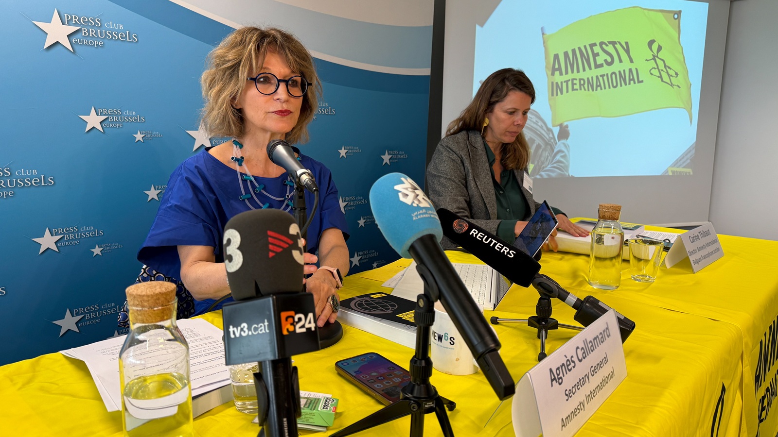 epa12061387 A handout photo made available by Amnesty International shows Agnes Callamard, Secretary General of Amnesty International (L) and Carine Thibaut, Director of Amnesty International Belgium Francophone section, as they launch Amnesty International’s The State of the World’s Human Rights Report 2024/25 in Brussels, Belgium, 28 April 2025. The report covers 150 countries, including regional and global analyses, and provides the most comprehensive overview of human rights trends and developments in the world today.  EPA/AMNESTY INTERNATIONAL / HANDOUT HANDOUT EDITORIAL USE ONLY/NO SALES