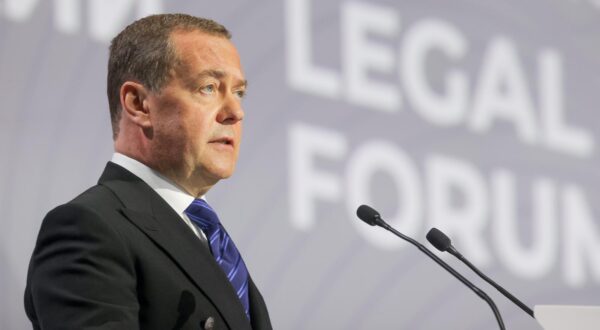 RUSSIA, ST PETERSBURG - MAY 20, 2025: Dmitry Medvedev, Deputy Chairman of the Security Council, Chairman of United Russia, addresses a plenary session at the 13th St Petersburg International Legal Forum at the ExpoForum Convention and Exhibition Centre.  Yekaterina Shtukina/POOL/TASS/Sipa USA Photo: Tass/SIPA USA