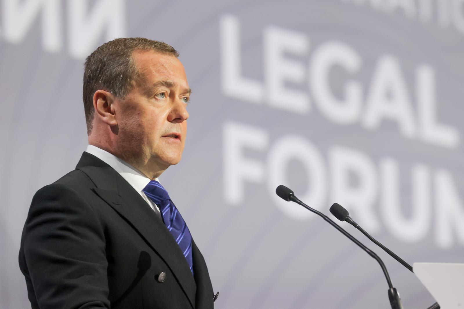 RUSSIA, ST PETERSBURG - MAY 20, 2025: Dmitry Medvedev, Deputy Chairman of the Security Council, Chairman of United Russia, addresses a plenary session at the 13th St Petersburg International Legal Forum at the ExpoForum Convention and Exhibition Centre.  Yekaterina Shtukina/POOL/TASS/Sipa USA Photo: Tass/SIPA USA