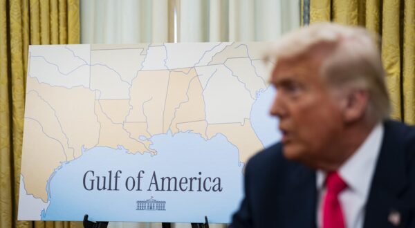 United States President Donald Trump speaks next to a poster of the Gulf of America, in the Oval Office of the White House in Washington, DC, US, on Thursday, March 6, 2025. Trump is signing orders to pause tariffs on USMCA trade from Canada and Mexico until April 2. 
Credit: Al Drago / Pool via CNP/AdMedia Photo: CNP/AdMedia/NEWSCOM