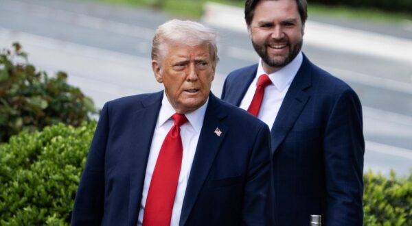 UNITED STATES - APRIL 14: President Donald Trump and  Vice President JD Vance arrive for a ceremony with the 2025 College Football Playoff National Champions Ohio State Buckeyes on the South Lawn of the White House on Monday, April 14, 2025. (Tom Williams/CQ Roll Call/Sipa USA) Photo: CQ-Roll Call/SIPA USA