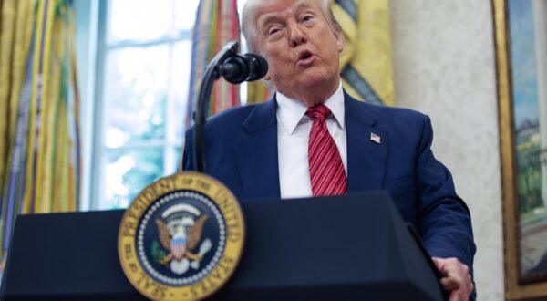United States President Donald J Trump answers questions from reporters after former US Senator David Perdue (Republican of Georgia) was sworn in as the US Ambassador to the Peoples Republic of China during a ceremony in the Oval Office of the White House in Washington, DC, US, on May 7, 2025.
Credit: Samuel Corum / Pool via CNP/AdMedia Photo: CNP/AdMedia/NEWSCOM