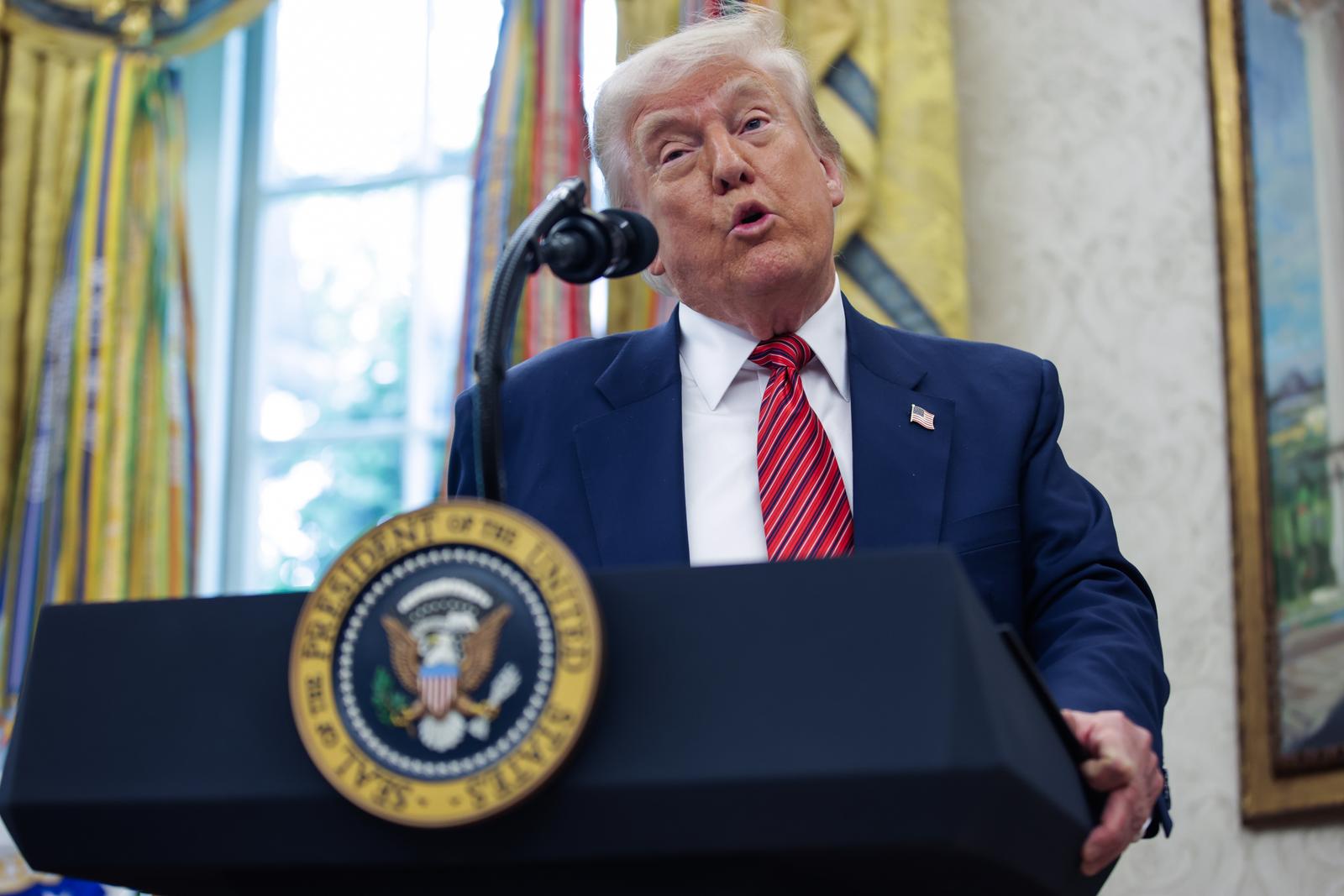 United States President Donald J Trump answers questions from reporters after former US Senator David Perdue (Republican of Georgia) was sworn in as the US Ambassador to the Peoples Republic of China during a ceremony in the Oval Office of the White House in Washington, DC, US, on May 7, 2025.
Credit: Samuel Corum / Pool via CNP/AdMedia Photo: CNP/AdMedia/NEWSCOM