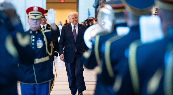 UNITED STATES - JANUARY 20: President Donald Trump reviews the troops, starting with the United States Army Band "Pershing's Own" in Emancipation Hall after being sworn in as the 47th President of the United States in the U.S. Capitol on Monday, January 20, 2025. (Bill Clark/CQ Roll Call/POOL) Photo via Newscom Photo: Bill Clark/NEWSCOM