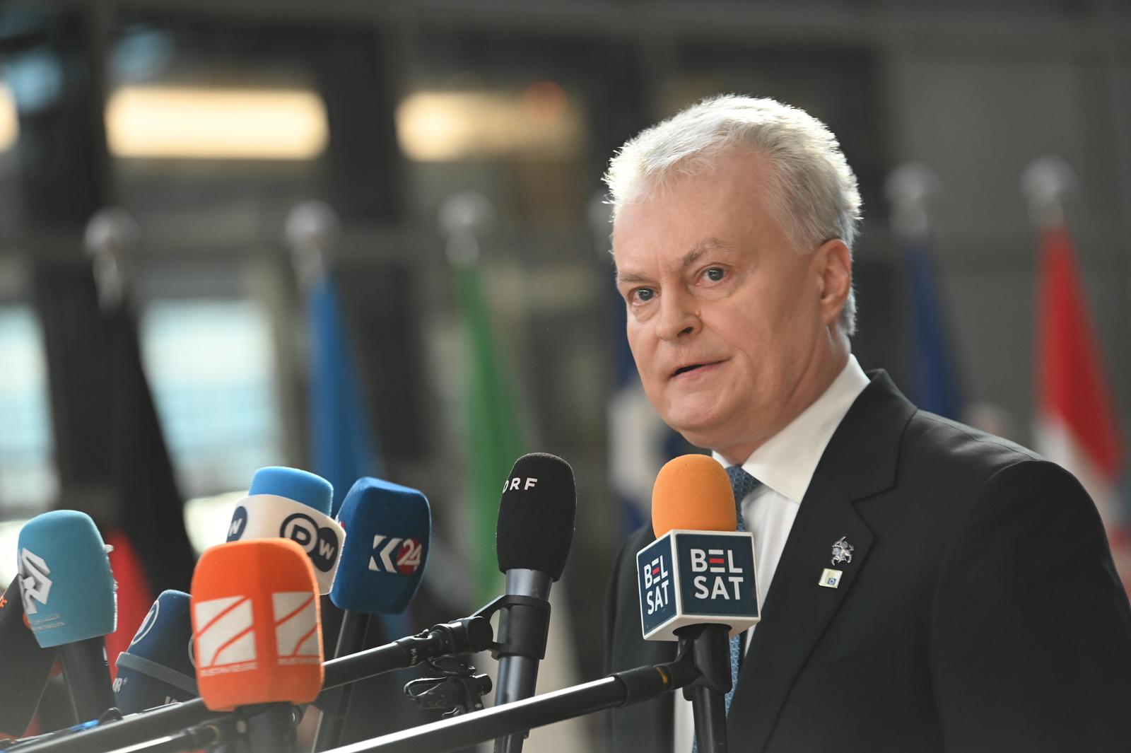 Gitanas Nauseda President Lithuania arriving to Consilium building in Brussels, Belgium on March 20, 2025. EU leaders are meeting in Brussels to discuss Ukraine and the next steps on defence. The next multiannual financial framework, budget, migration, the latest developments in the Middle East on the agenda.  (Photo by Aleksy Witwicki/Sipa USA) Photo: Aleksy Witwicki/SIPA USA