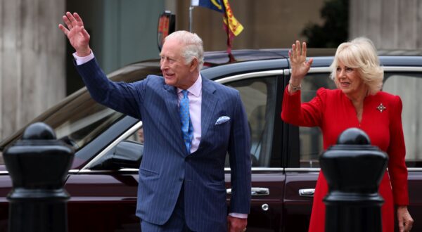 epa12077356 Britain's Charles III Charles (L) and Queen Camilla (R) arrive at the National Gallery in London, Britain, 06 May 2025.  King Charles and Queen Camilla unveiled the recently completed Coronation State Portraits at the National Gallery and reopened the newly furbished Sainsbury Wing.  EPA/ANDY RAIN