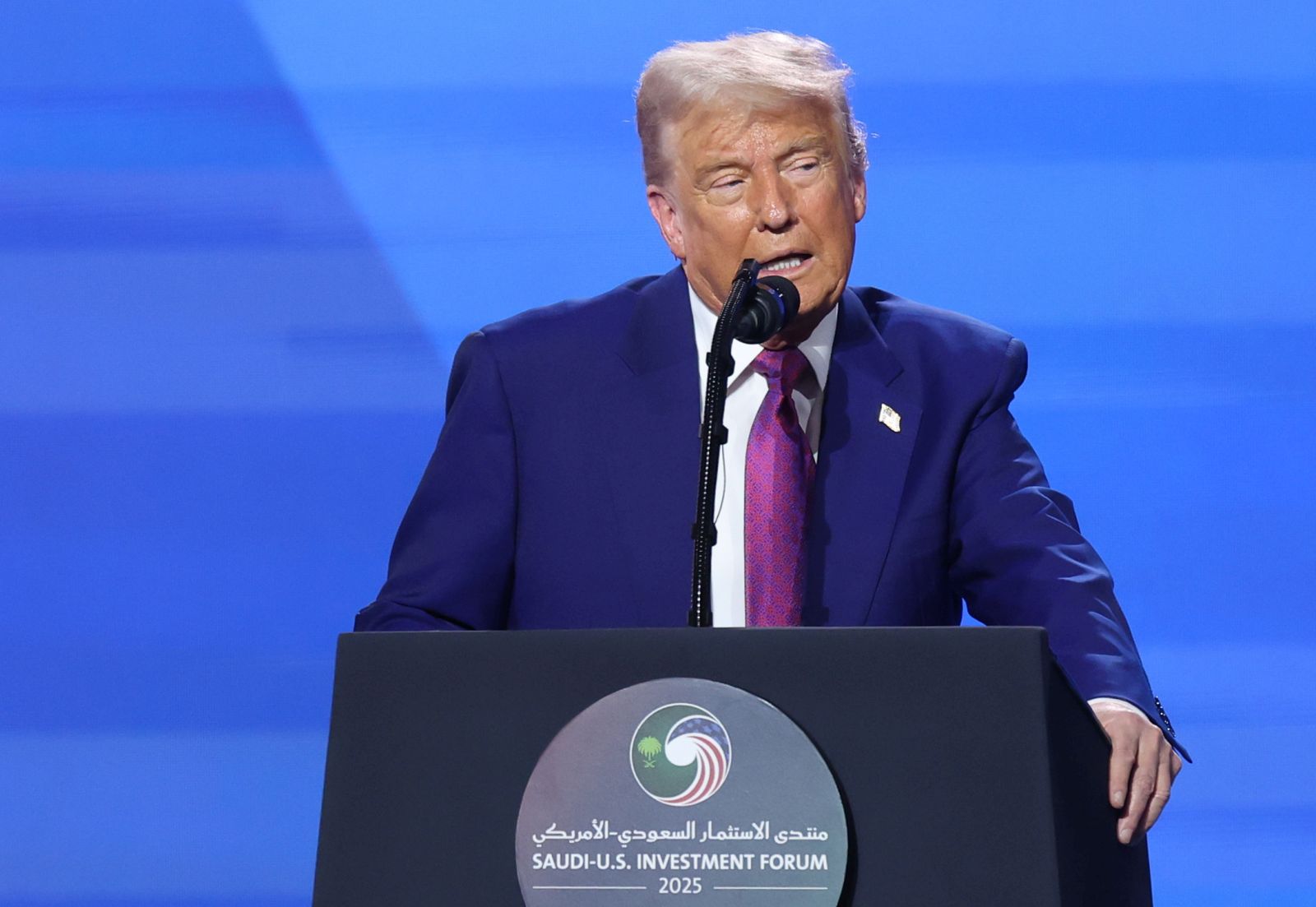 epa12096748 US President Donald Trump attends the Keynote Address at the Saudi-US Investment Forum in Riyadh, Saudi Arabia, 13 May 2025. The forum is taking place during the state visit of US President Trump to Saudi Arabia on 13 May.  EPA/ALI HAIDER