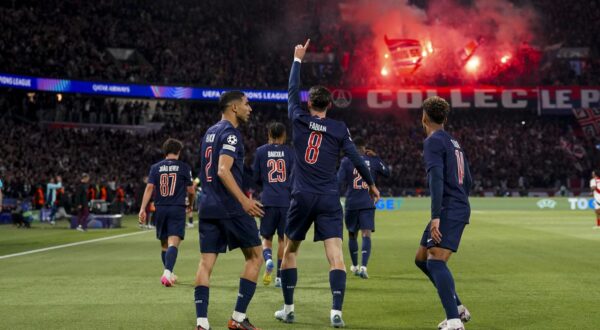 Fabian RUIZ of PSG celebrates his goal with teammates during the UEFA Champions League 2024/2025, semifinal match between Paris and Arsenal at Parc des Princes on May 7, 2025 in Paris, France. (Photo by Hugo Pfeiffer/Icon Sport) Photo: Hugo Pfeiffer/ICON SPORT