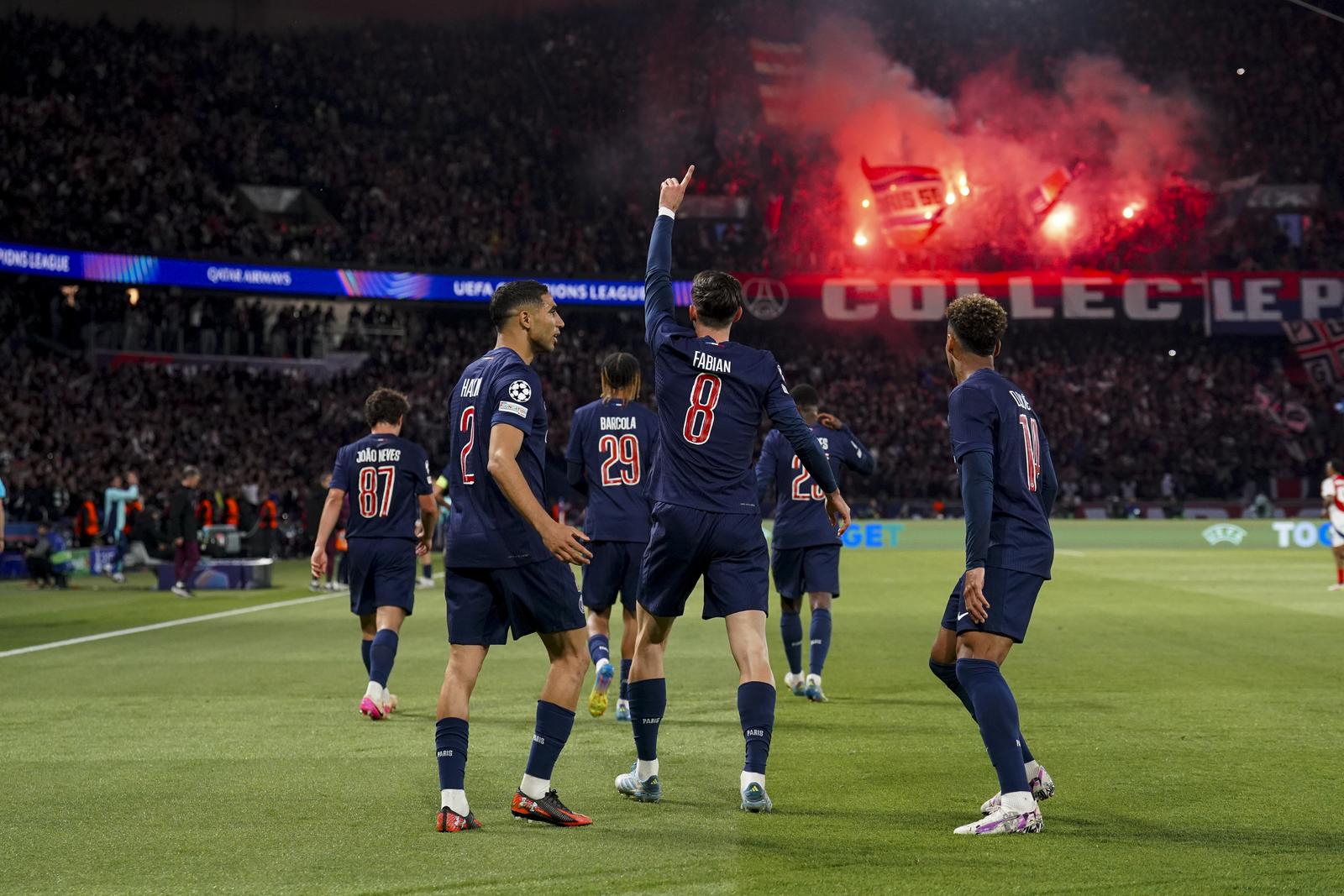 Fabian RUIZ of PSG celebrates his goal with teammates during the UEFA Champions League 2024/2025, semifinal match between Paris and Arsenal at Parc des Princes on May 7, 2025 in Paris, France. (Photo by Hugo Pfeiffer/Icon Sport) Photo: Hugo Pfeiffer/ICON SPORT