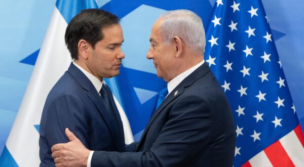 U.S. Secretary of State Marco Rubio, left, and Israeli Prime Minister Benjamin Netanyahu shake hands during a news conference at the Prime Minister's office in Jerusalem, Israel on Sunday, February 16, 2025.   Pool Photo by Ohad Zwigenberg/UPI Photo via Newscom Photo: OHAD ZWIGENBERG/NEWSCOM
