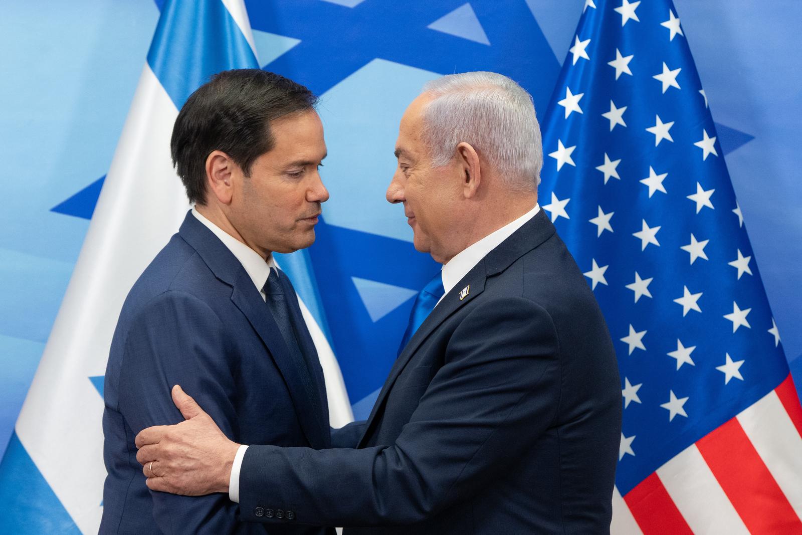 U.S. Secretary of State Marco Rubio, left, and Israeli Prime Minister Benjamin Netanyahu shake hands during a news conference at the Prime Minister's office in Jerusalem, Israel on Sunday, February 16, 2025.   Pool Photo by Ohad Zwigenberg/UPI Photo via Newscom Photo: OHAD ZWIGENBERG/NEWSCOM