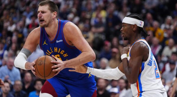 May 9, 2025; Denver, Colorado, USA; Oklahoma City Thunder guard Shai Gilgeous-Alexander (2) defends on Denver Nuggets center Nikola Jokic (15) in the second half during game three of the second round for the 2025 NBA Playoffs at Ball Arena. Mandatory Credit: Ron Chenoy-Imagn Images/Sipa USA Photo: Imagn Images/SIPA USA