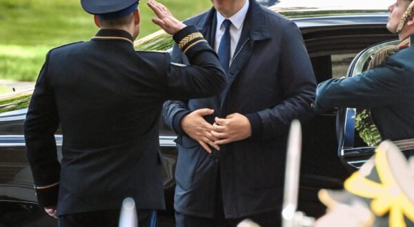 Serbian President Aleksandar Vucic before the start of the parade.
Credit: Dmitry Azarov/Kommersant Photo/Sipa USA Photo: Kommersant Photo Agency/SIPA USA