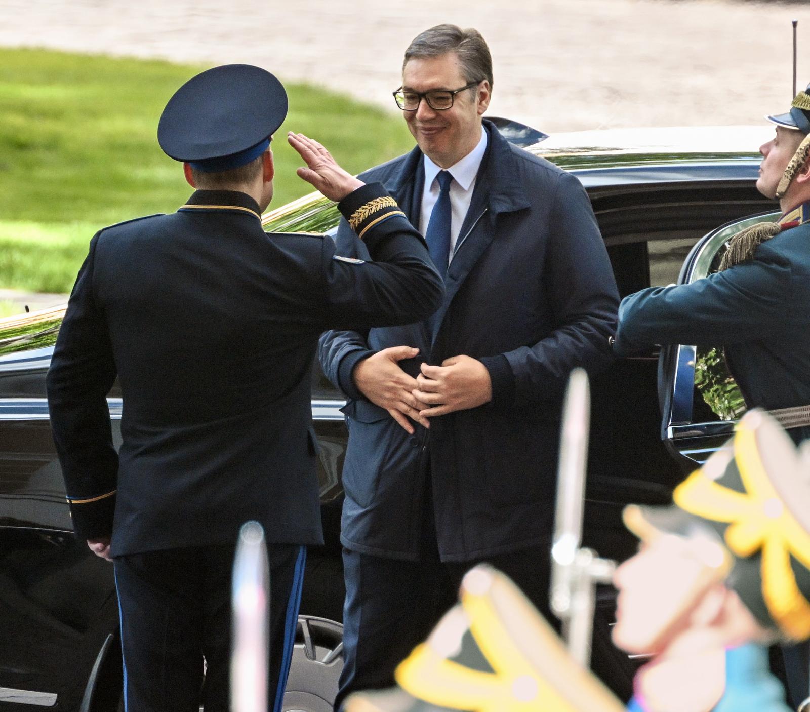Serbian President Aleksandar Vucic before the start of the parade.
Credit: Dmitry Azarov/Kommersant Photo/Sipa USA Photo: Kommersant Photo Agency/SIPA USA