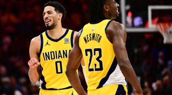 May 13, 2025; Cleveland, Ohio, USA; Indiana Pacers forward Aaron Nesmith (23) and guard Tyrese Haliburton (0) celebrate during the second half of game five against the Cleveland Cavaliers in the second round for the 2025 NBA Playoffs at Rocket Arena. Mandatory Credit: Ken Blaze-Imagn Images/Sipa USA Photo: Imagn Images/SIPA USA