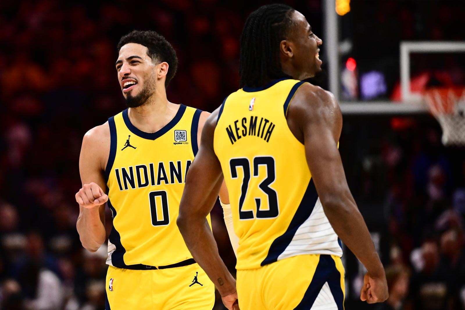 May 13, 2025; Cleveland, Ohio, USA; Indiana Pacers forward Aaron Nesmith (23) and guard Tyrese Haliburton (0) celebrate during the second half of game five against the Cleveland Cavaliers in the second round for the 2025 NBA Playoffs at Rocket Arena. Mandatory Credit: Ken Blaze-Imagn Images/Sipa USA Photo: Imagn Images/SIPA USA