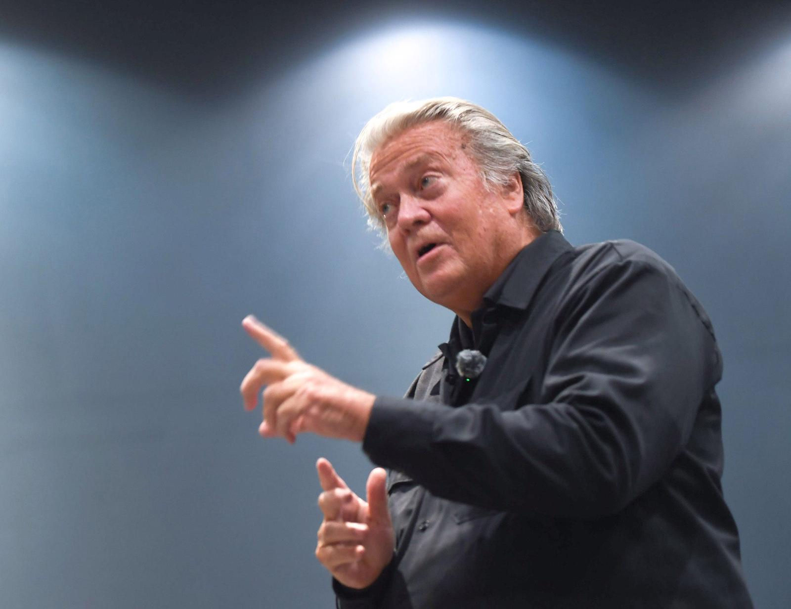 Steve Bannon, host of WarRoom, speaks before going on stage to speak at the Greenville County Republican Party 2025 Convention at the Greenville Convention Center Monday, April 14, 2025. (Photo by Ken Ruinard / staff / USA TODAY NETWORK via Imagn Images/Sipa USA) Photo: USA TODAY/SIPA USA