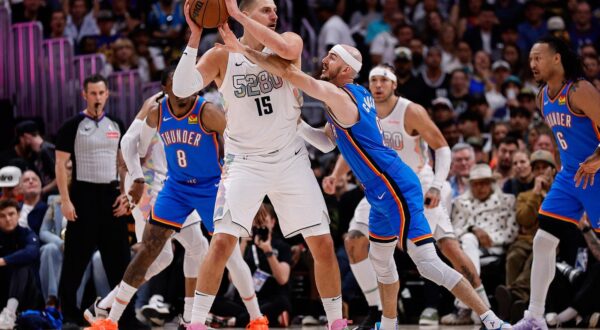 May 15, 2025; Denver, Colorado, USA; Denver Nuggets center Nikola Jokic (15) controls the ball under pressure form Oklahoma City Thunder guard Alex Caruso (9) in the second quarter during game six of the second round for the 2025 NBA Playoffs at Ball Arena. Mandatory Credit: Isaiah J. Downing-Imagn Images/Sipa USA Photo: Imagn Images/SIPA USA
