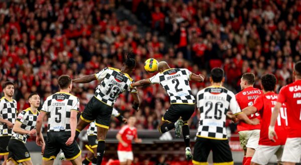 Ibrahima Camará midfielder of Boavista FC battle for the ball with  Sidoine Fogning defender of Boavista FC  during the Liga Portugal Betclic match between SL Benfica and Boavista FC at the Estadio da Luz in Lisbon on February 22, 2024. Liga Portugal Betclic - SL Benfica vs Boavista FC (Valter Gouveia/SPP) (Photo by Valter Gouveia/SPP/Sipa USA) Photo: Sports Press Photo/SIPA USA