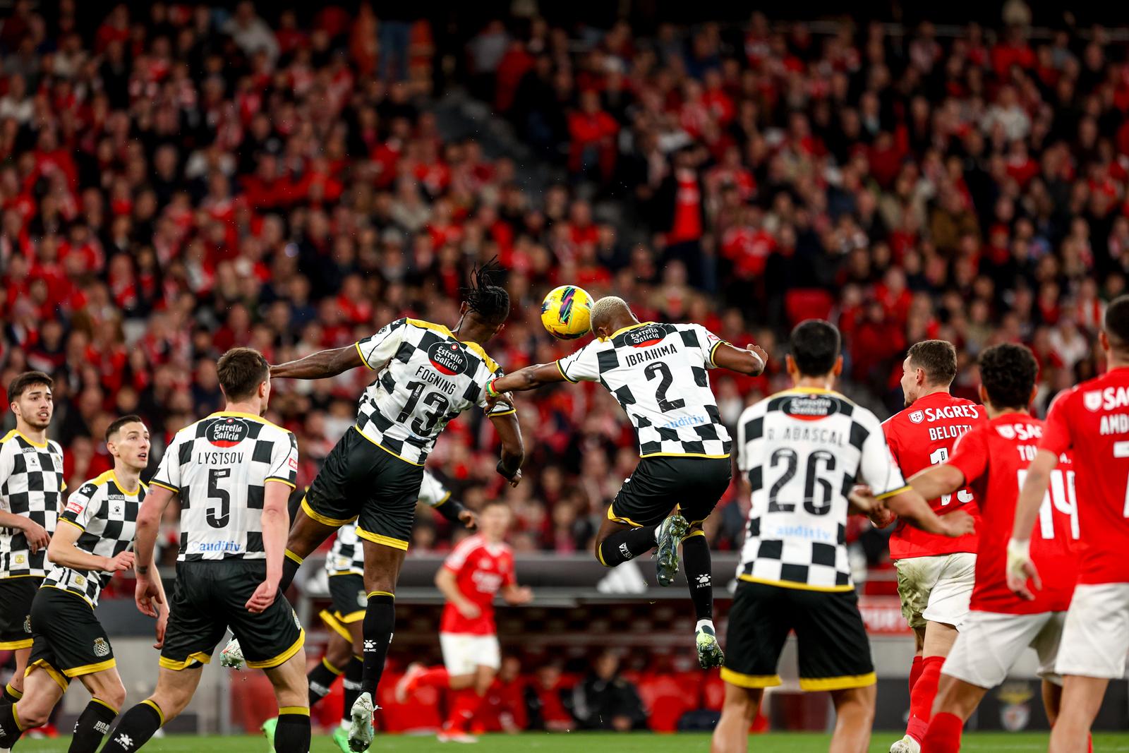 Ibrahima Camará midfielder of Boavista FC battle for the ball with  Sidoine Fogning defender of Boavista FC  during the Liga Portugal Betclic match between SL Benfica and Boavista FC at the Estadio da Luz in Lisbon on February 22, 2024. Liga Portugal Betclic - SL Benfica vs Boavista FC (Valter Gouveia/SPP) (Photo by Valter Gouveia/SPP/Sipa USA) Photo: Sports Press Photo/SIPA USA