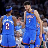May 28, 2025; Oklahoma City, Oklahoma, USA; Oklahoma City Thunder forward Chet Holmgren (7) and guard Shai Gilgeous-Alexander (2) celebrates during the second quarter against the Minnesota Timberwolves in game five of the western conference finals for the 2025 NBA Playoffs at Paycom Center. Mandatory Credit: Alonzo Adams-Imagn Images/Sipa USA Photo: Imagn Images/SIPA USA
