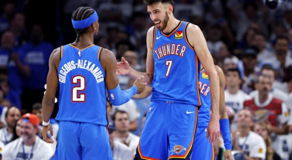 May 28, 2025; Oklahoma City, Oklahoma, USA; Oklahoma City Thunder forward Chet Holmgren (7) and guard Shai Gilgeous-Alexander (2) celebrates during the second quarter against the Minnesota Timberwolves in game five of the western conference finals for the 2025 NBA Playoffs at Paycom Center. Mandatory Credit: Alonzo Adams-Imagn Images/Sipa USA Photo: Imagn Images/SIPA USA